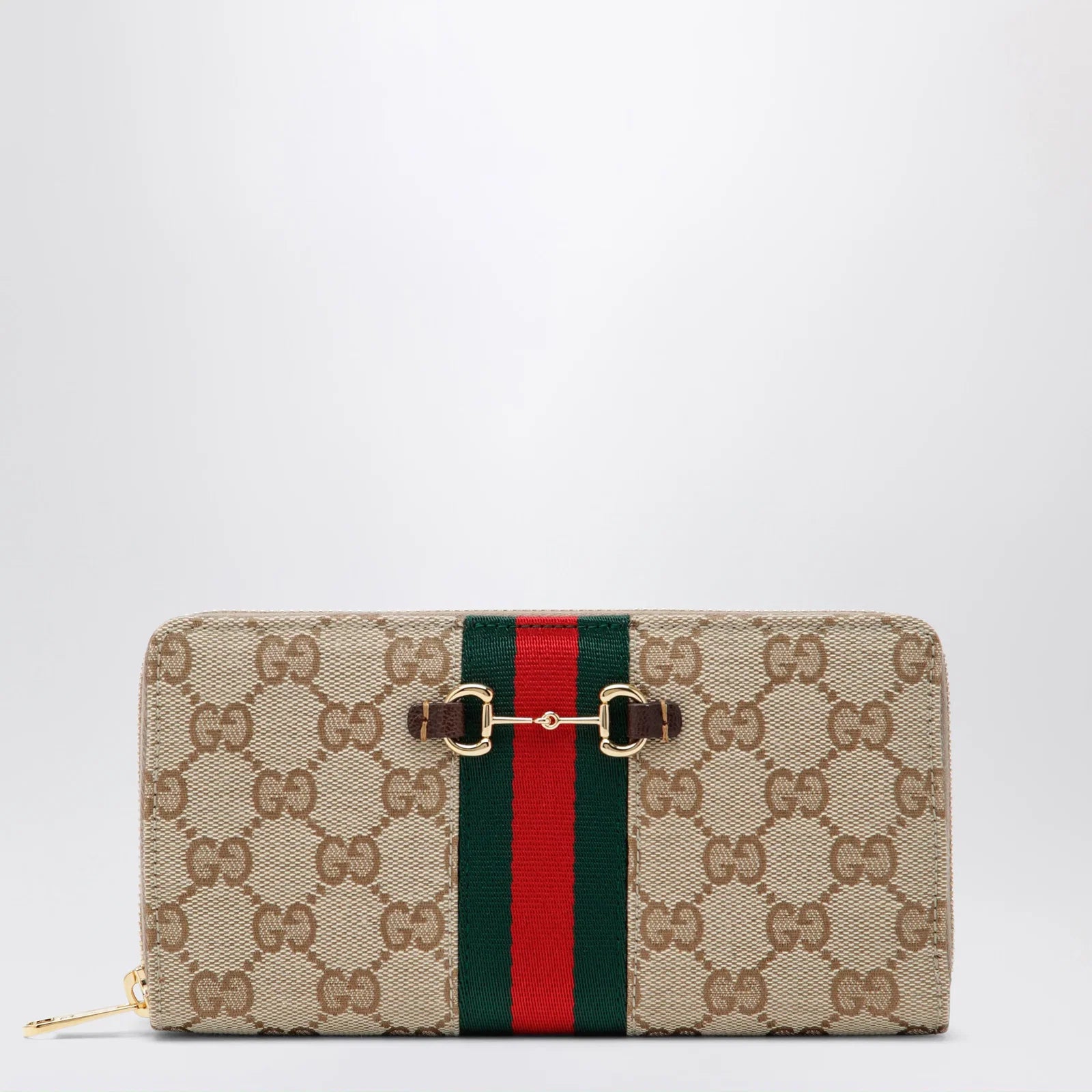GUCCI Horsebit Web zipped wallet in GG canvas beige