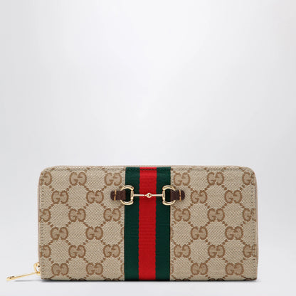 GUCCI Horsebit Web zipped wallet in GG canvas beige