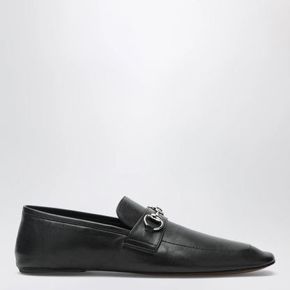 GUCCI Black leather horsebit loafers with silver hardware