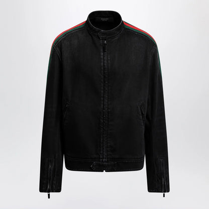 GUCCI Black cotton denim biker jacket with Web trim