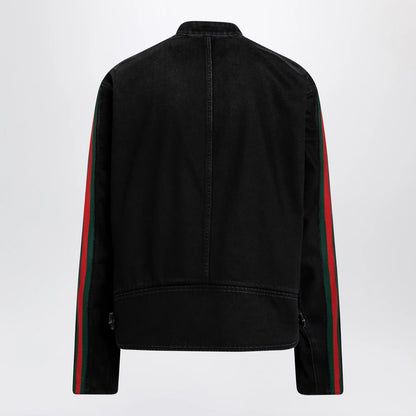 GUCCI Black cotton denim biker jacket with Web trim