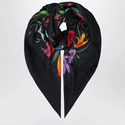 GUCCI Wool and silk scarf with floral print