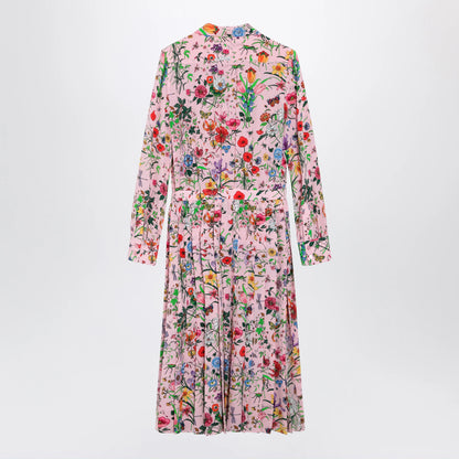 GUCCI Flora print silk shirt dress in pink multicolor