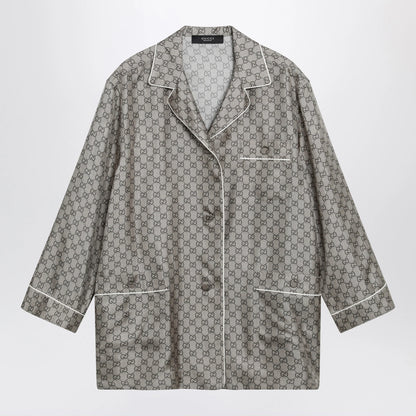 GUCCI Silk twill shirt with GG print in beige
