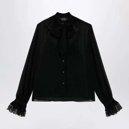 GUCCI Black lightweight silk georgette shirt with lace