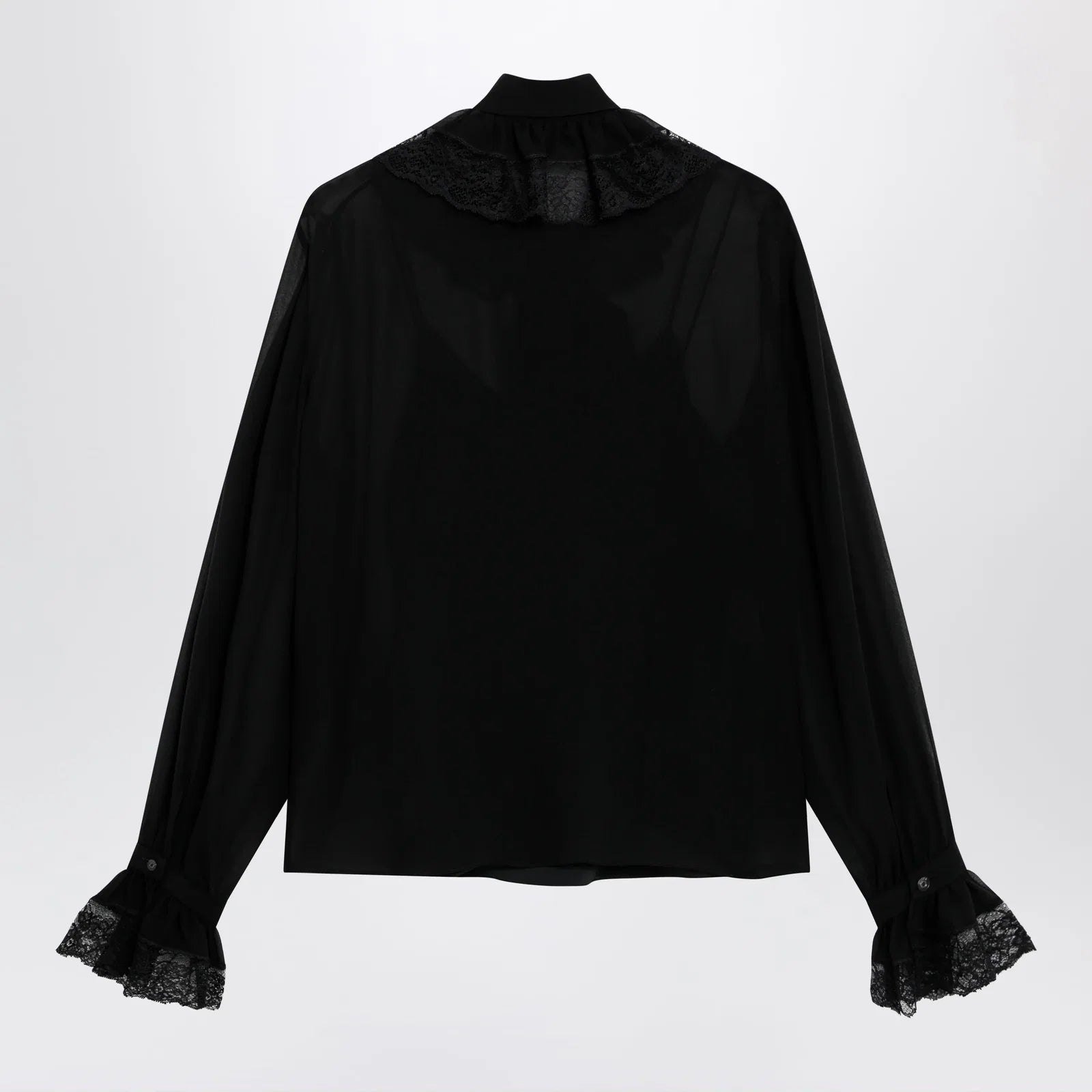 GUCCI Black lightweight silk georgette shirt with lace