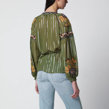 Valentino Embroidered lurex silk shirt green camou