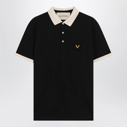 Valentino Black cotton piqué polo shirt with Vgold