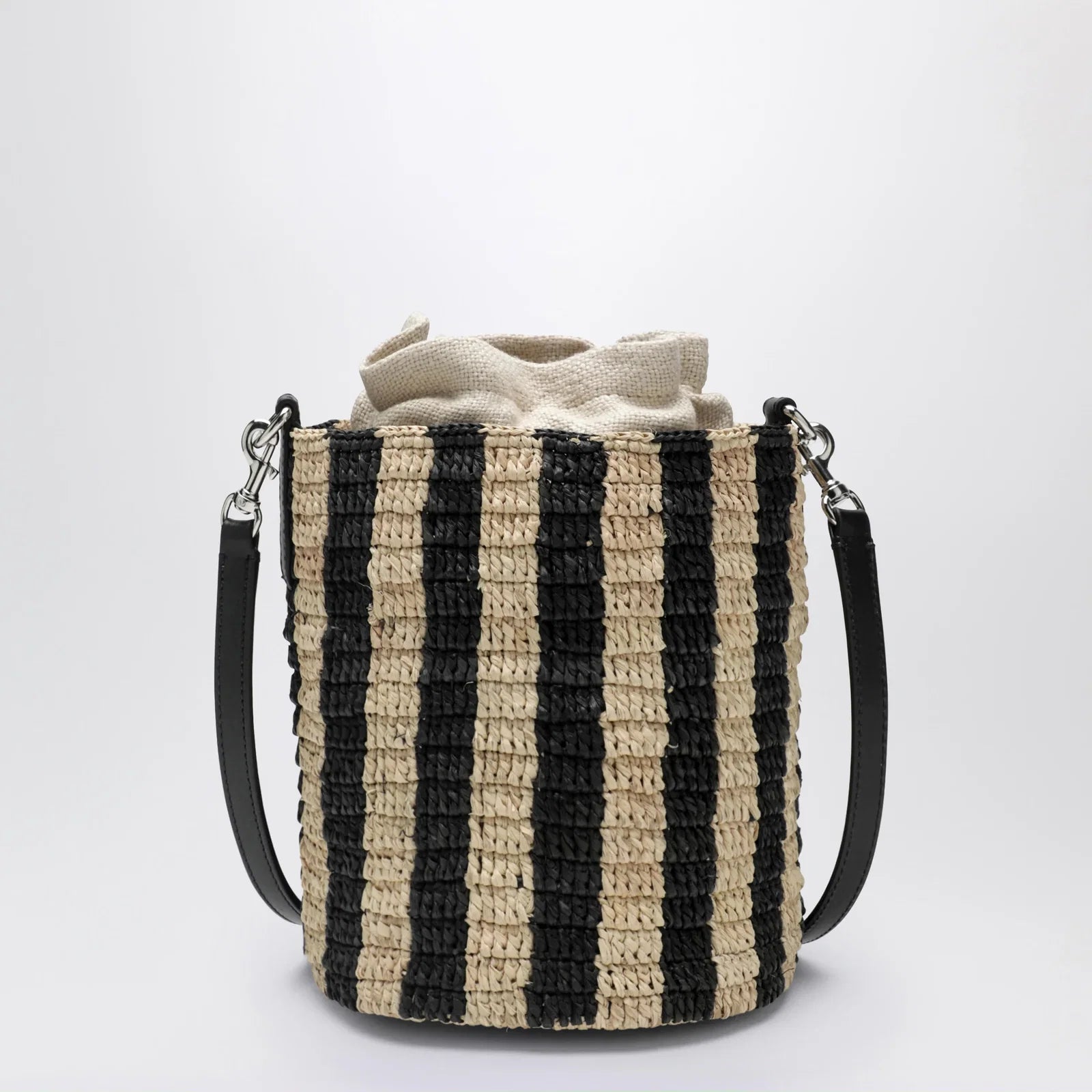 Valentino Garavani Small bucket bag in raffia with beige and black stripes