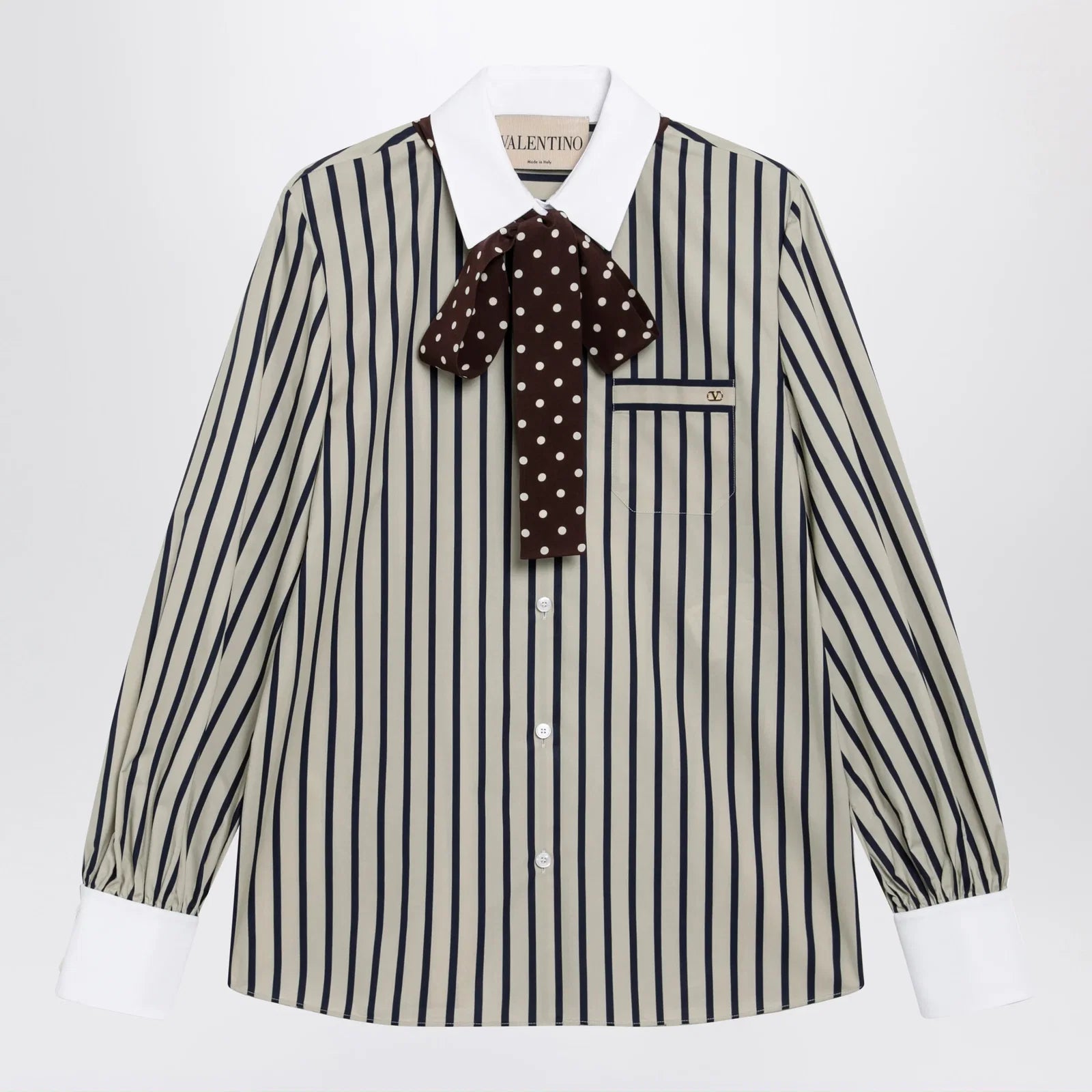 Valentino Striped cotton shirt with scarf in beige and blue