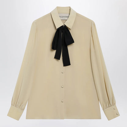 Valentino Light Beige Silk Bow Shirt