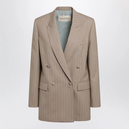 Valentino Double-Breasted Pinstripe Jacket in Mud/Ivory Virgin Wool