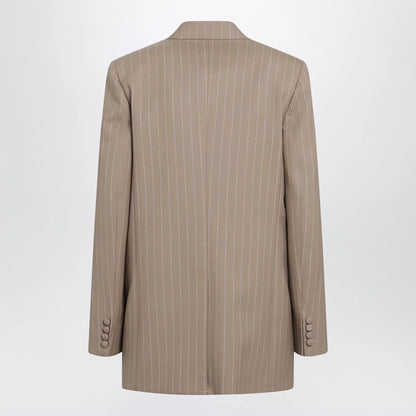 Valentino Double-Breasted Pinstripe Jacket in Mud/Ivory Virgin Wool