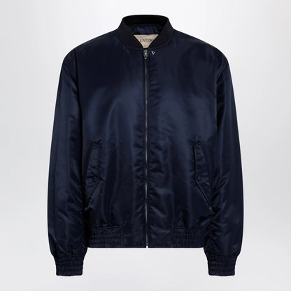Valentino Shiny navy blue zip-up bomber jacket with Vlogo