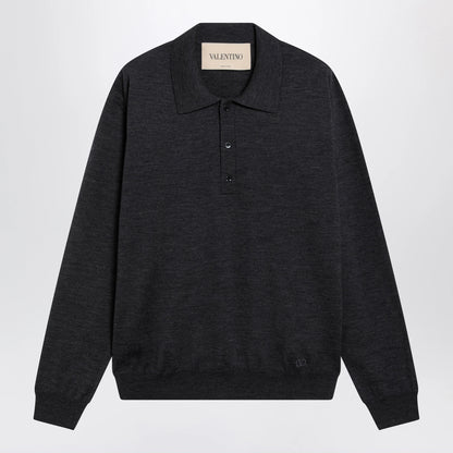 Valentino Wool polo shirt with VLogo embroidery in anthracite