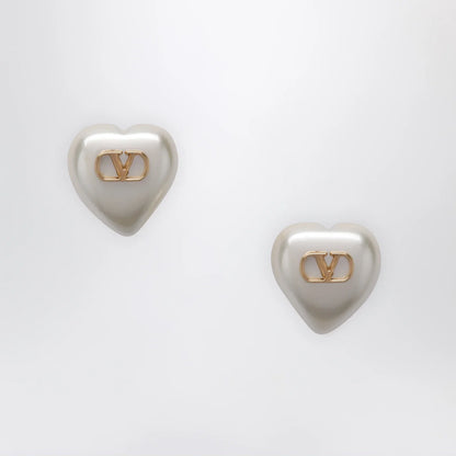 Valentino Garavani VLogo Signature Earrings in Pearl and Gold/Cream Metal