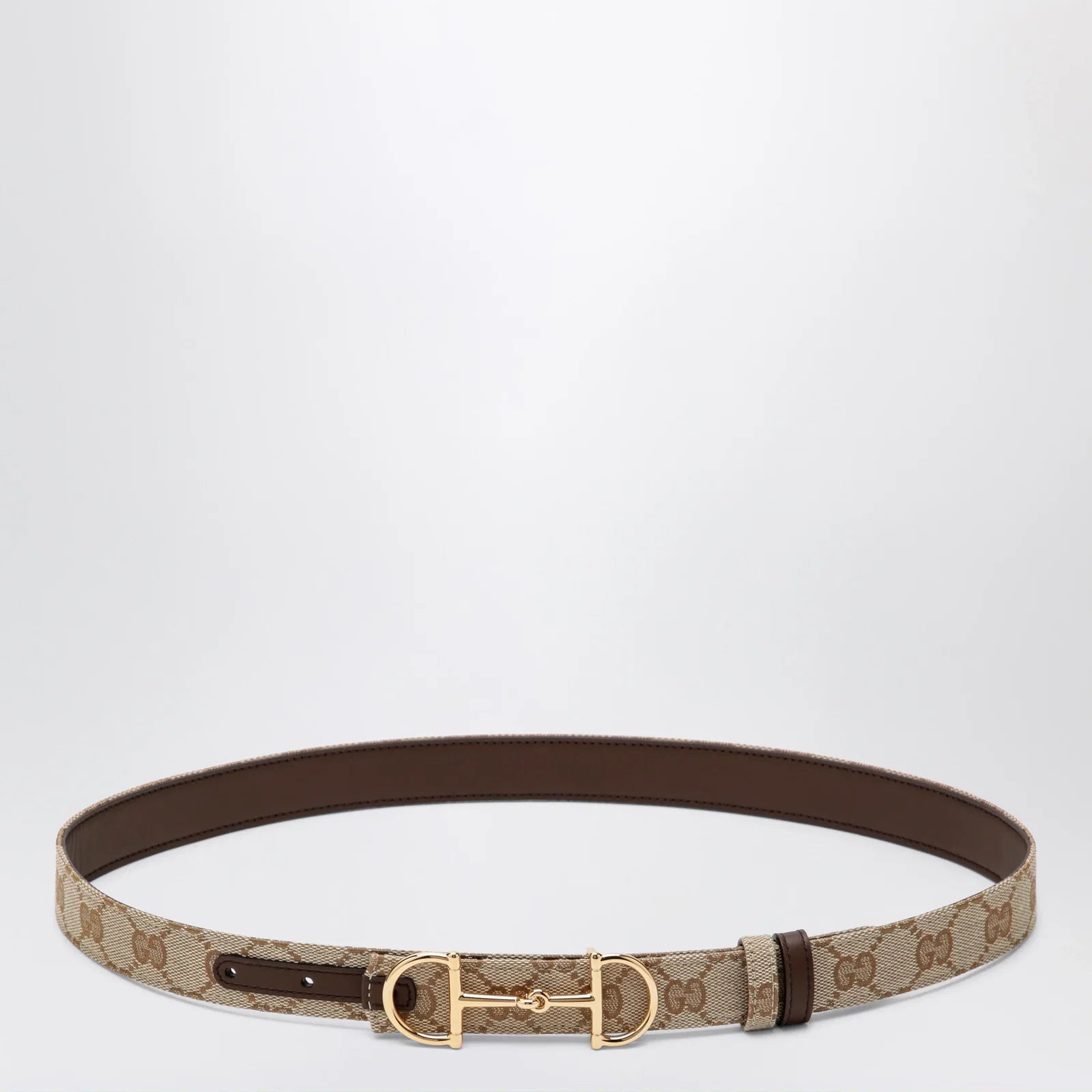GUCCI Reversible GG fabric and leather belt in sand/brown with Horsebit buckle