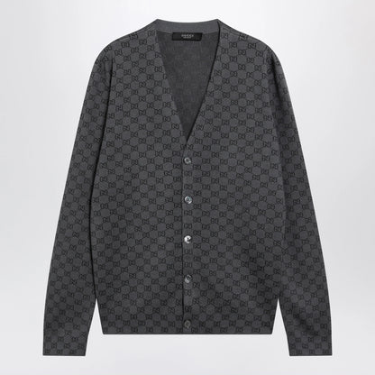 GUCCI Grey wool and silk cardigan with GG motif