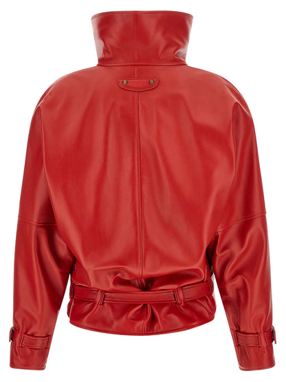 Balenciaga Red Leather Arrotondato Bomber Jacket