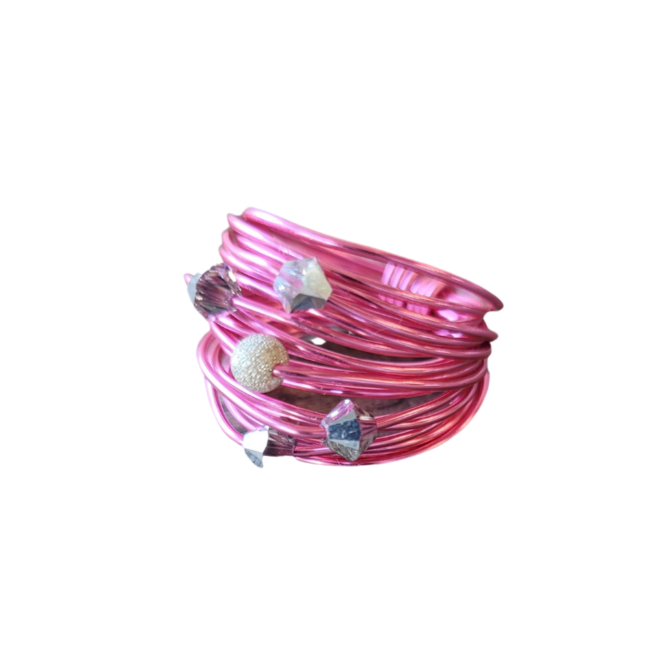 Marcia Hot Pink Wire Wrap Ring with Grey Swarovski Crystals