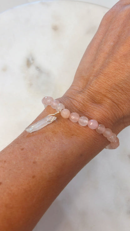 Faceted Rose Quartz Bracelet with White Titanium Quartz in Gold