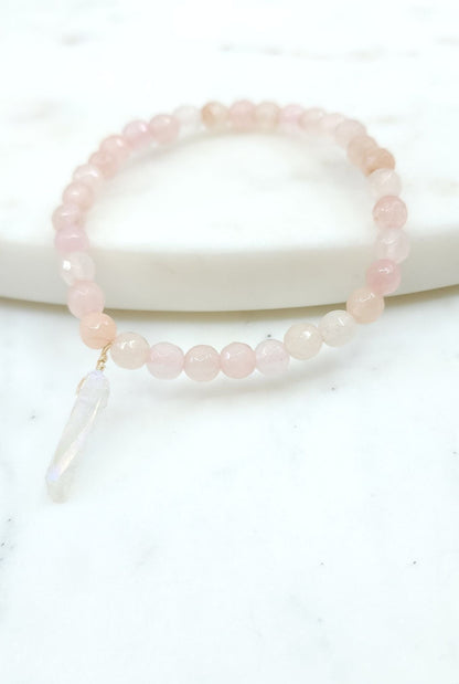 Faceted Rose Quartz Bracelet with White Titanium Quartz in Gold