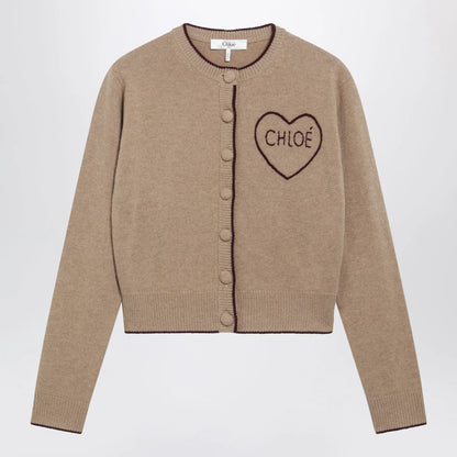 Chloé Light Brown Wool and Cashmere Logo Cardigan