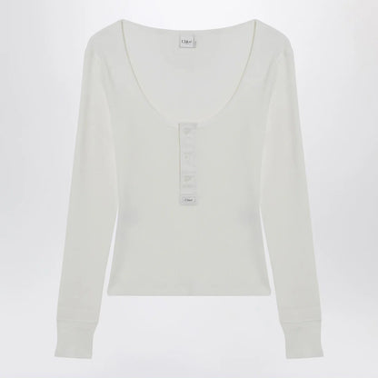 Chloé White Henley cotton jersey top