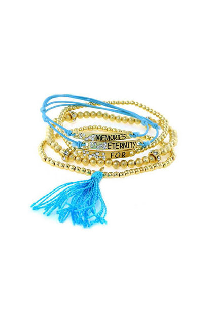 "Memories For Eternity" Bracelet with Gold Beads and Blue Tassel - Set of 5