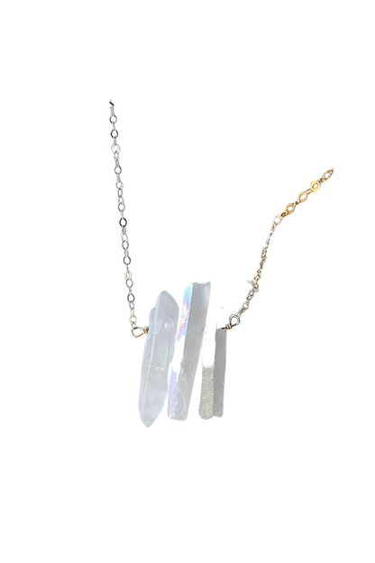 Three Raw Rainbow Quartz Crystal Pendant Necklace in Gold