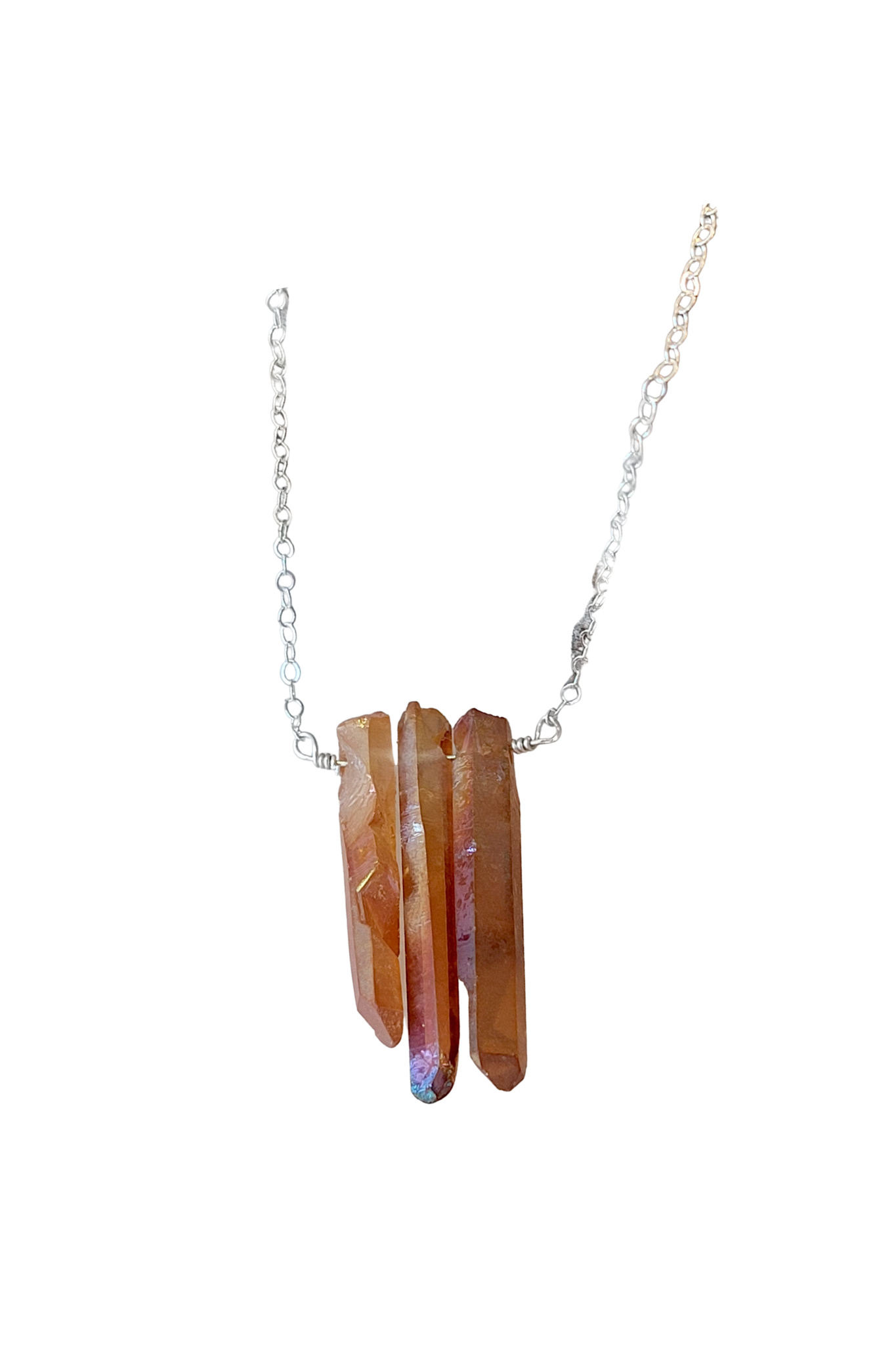 Three Raw Peach Quartz Crystal Pendant Necklace in Silver