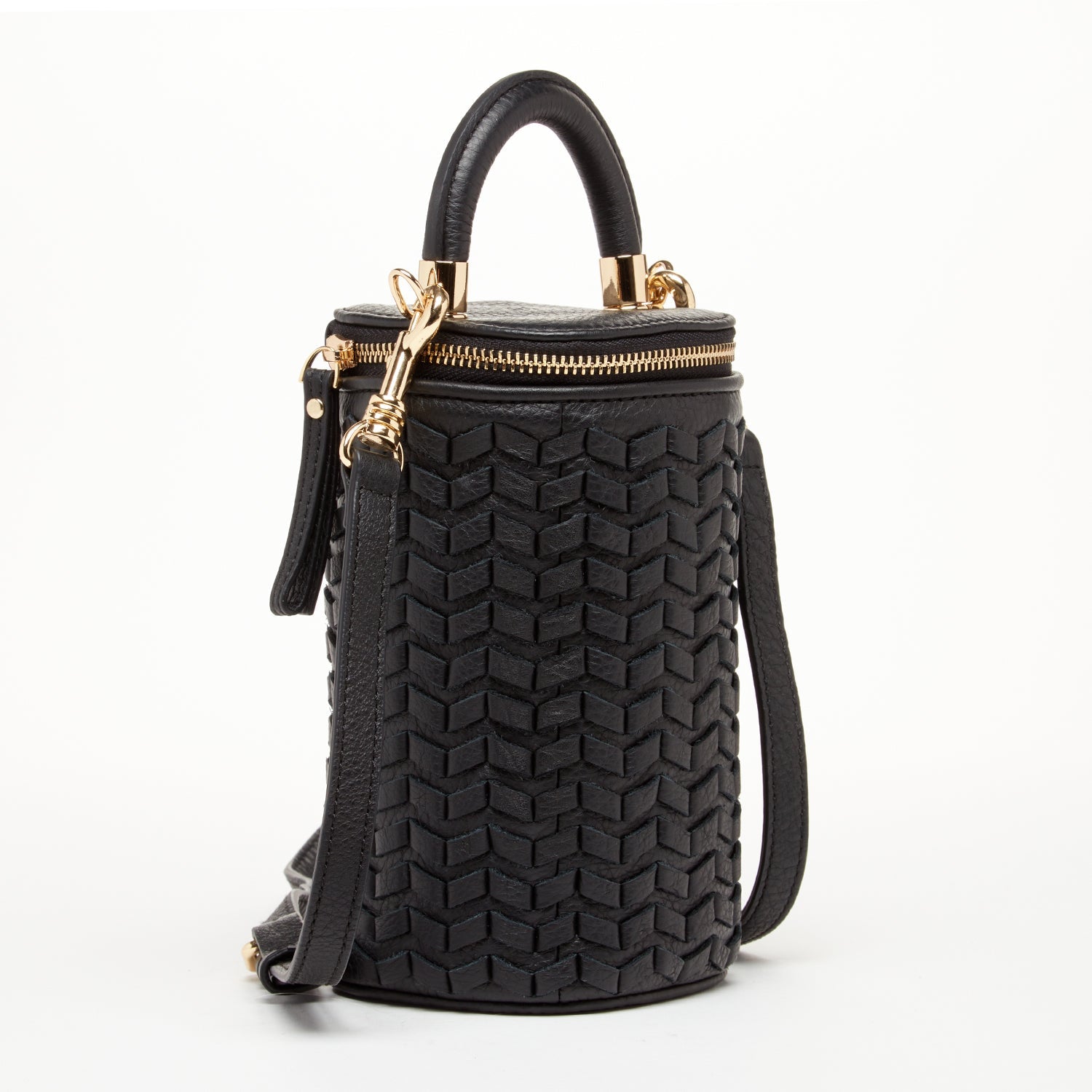 Elsa Small Leather Weave Bucket Bag Black