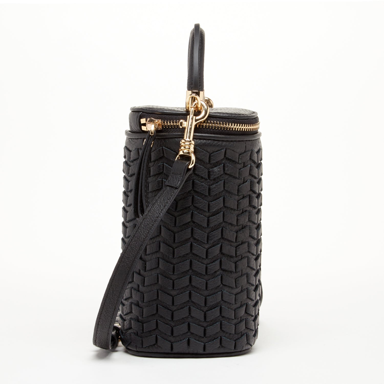 Elsa Small Leather Weave Bucket Bag Black