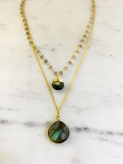 Double Jill Necklace with Gold Labradorite Chain and Labradorite Pendant