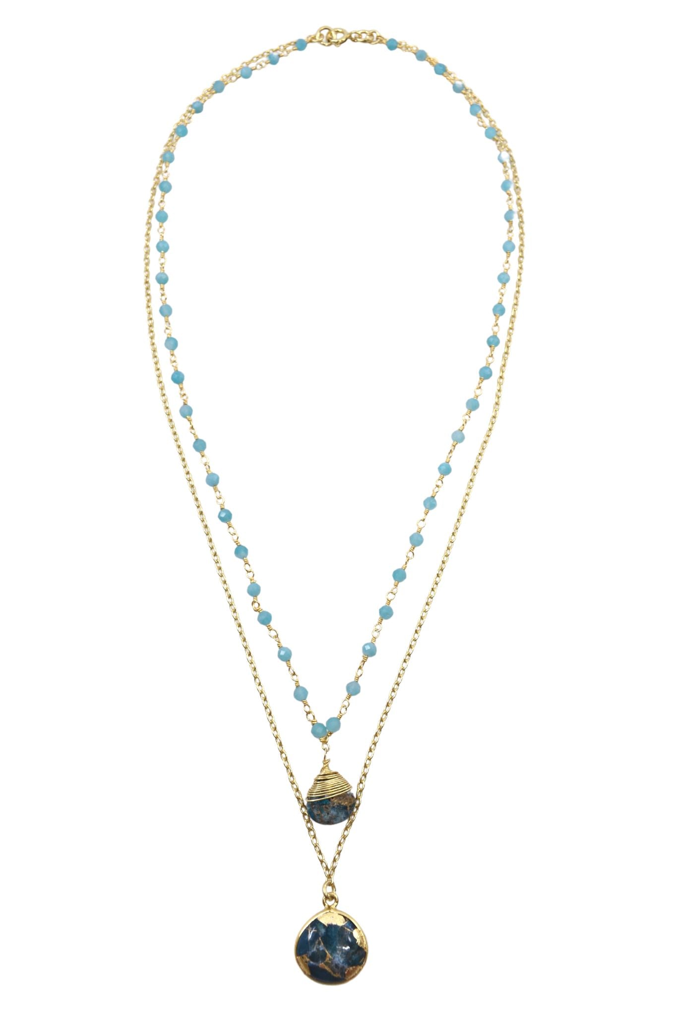 Double Jill Necklace with Gold Amazonite Chain and Teal Mojave Copper Turquoise Pendant