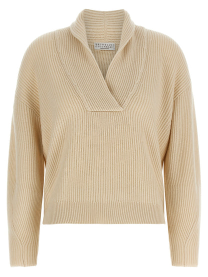 Brunello Cucinelli Shawl Neck Ribbed Sweater