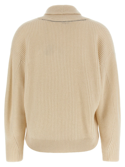 Brunello Cucinelli Shawl Neck Ribbed Sweater