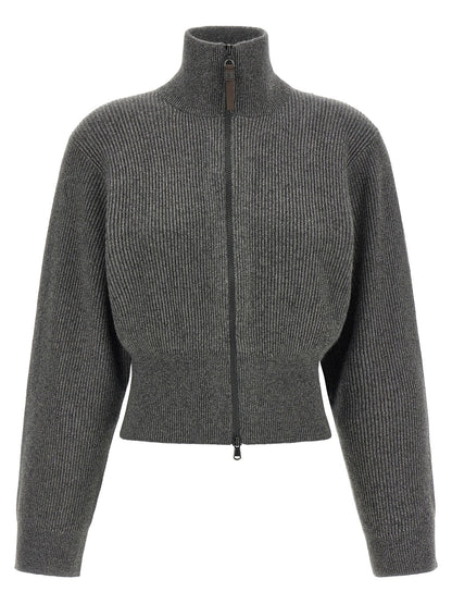 Brunello Cucinelli Ribbed Cardigan With Leather Detail