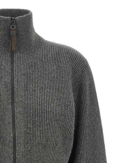 Brunello Cucinelli Ribbed Cardigan With Leather Detail