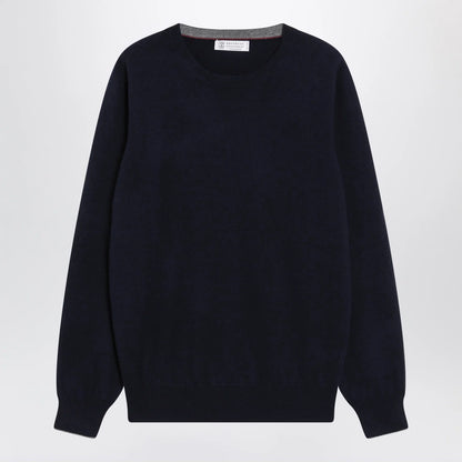 Brunello Cucinelli Navy blue cashmere crewneck sweater with contrast trim