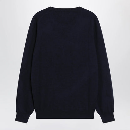 Brunello Cucinelli Navy blue cashmere crewneck sweater with contrast trim