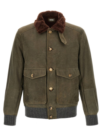 Brunello Cucinelli Waxed Shearling Bomber Jacket