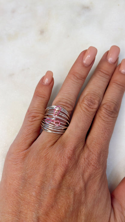 Marcia Silver Wire Wrap Ring with Breast Cancer Ribbon