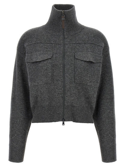 Brunello Cucinelli Shiny Zipper Pull Wool Cardigan