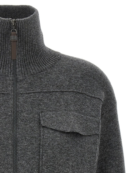 Brunello Cucinelli Shiny Zipper Pull Wool Cardigan