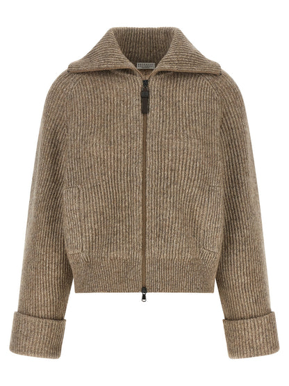 Brunello Cucinelli Shiny Zipper Pull Cardigan