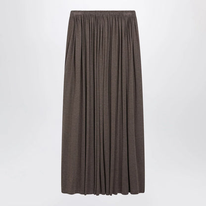 Max Mara Long Pleated Skirt in Dark Khaki Lightweight Jersey