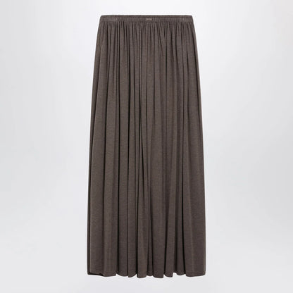 Max Mara Long Pleated Skirt in Dark Khaki Lightweight Jersey