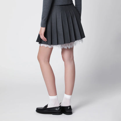 Self-Portrait SELF PORTRAIT Pleated wool mini skirt with lace trim in grey