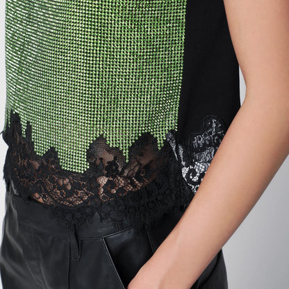 Self-Portrait SELF PORTRAIT Crystal-embellished metallic knit top in green